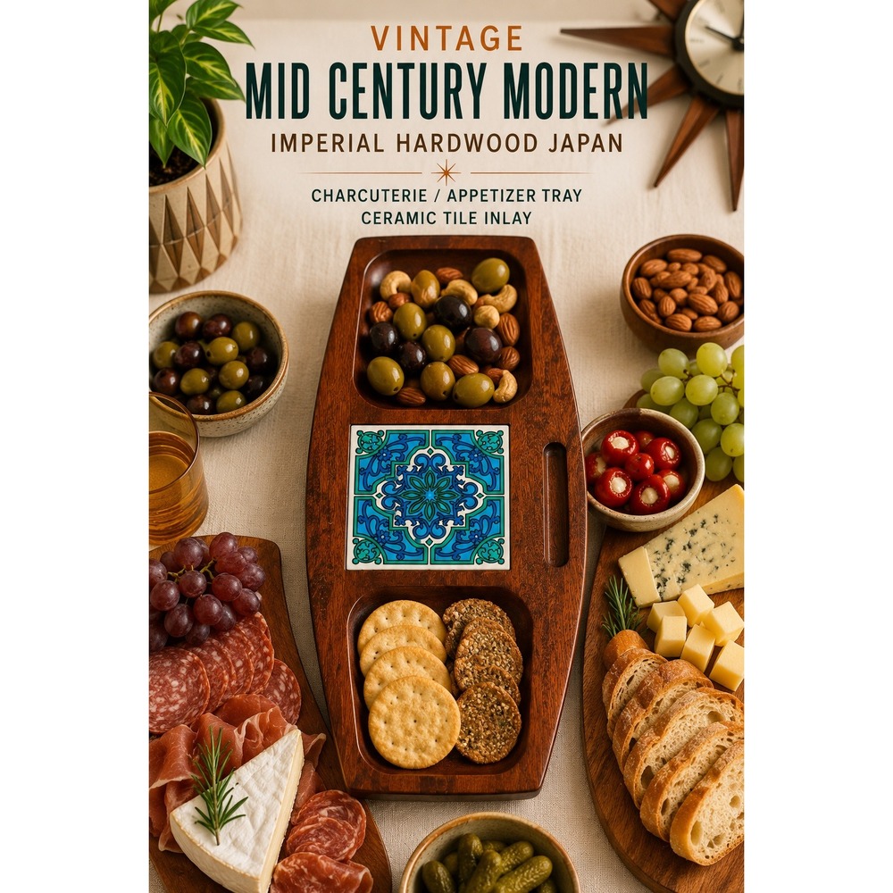 Vintage MCM Imperial Hardwood Japan Cheese Board Appetizer Tray Tile Inlay
